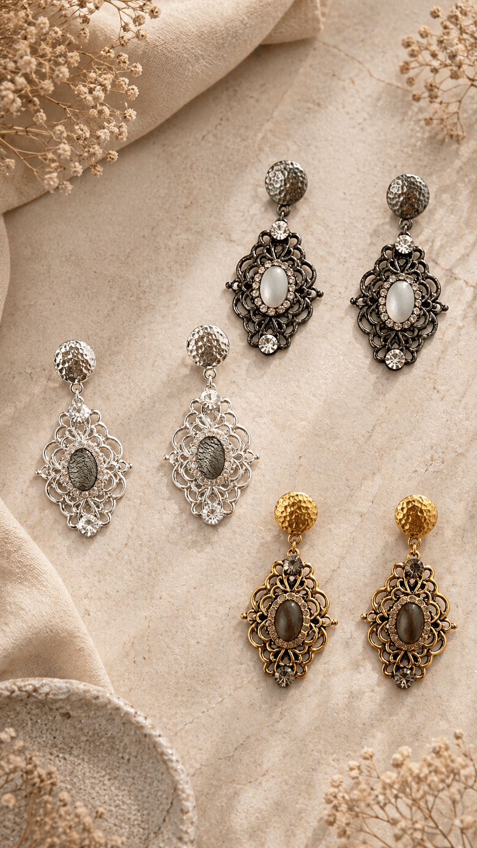 Drei Paar verzierte Vintage-Ohrringe in Gold, Silber und Dunkelgrau auf einer hellen Steinoberfläche.