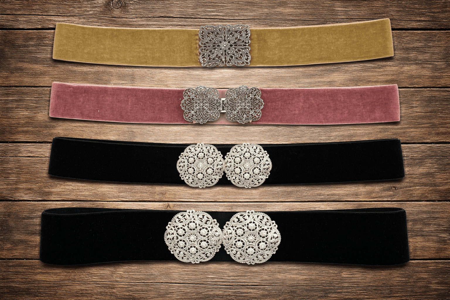 Vier Samtgürtel in Gold, Rosa und Schwarz mit kunstvollen silbernen Schnallen auf rustikalem Holz.